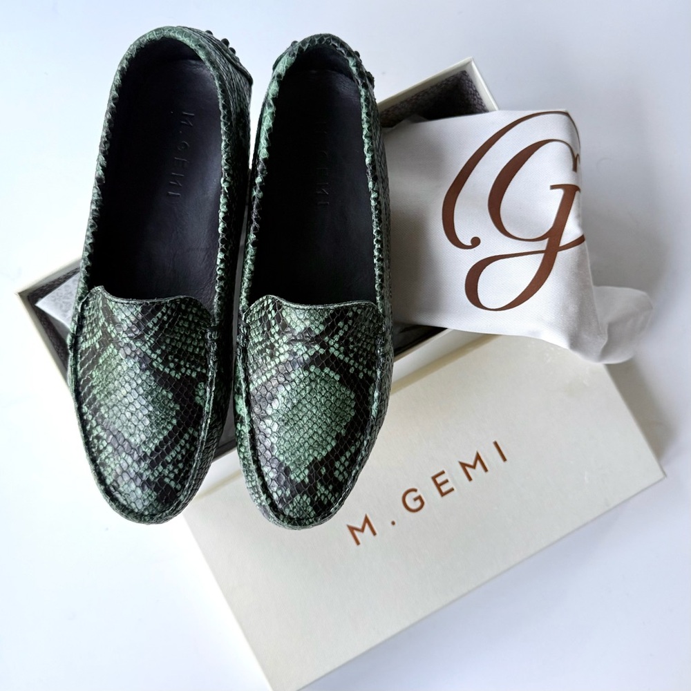 M. Gemi Felize Forest Green Python Snakeskin Embossed Loafers Size 38.5 IT 8 US